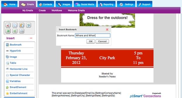 Add bookmarks using email template designer screenshot  