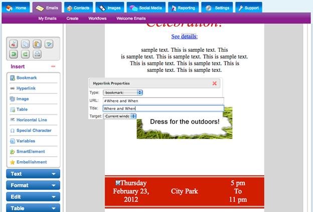 Add bookmarks using email template designer screenshot  