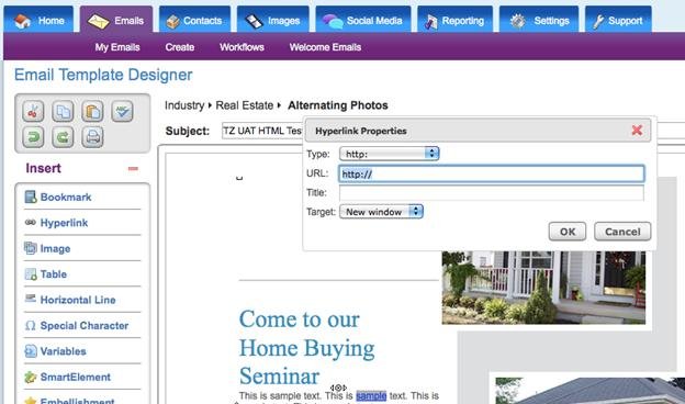 Add hyperlinks using email template designer screenshot  